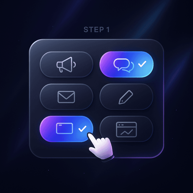 t2i prompt: ultra-clean SaaS dashboard grid showing selectable growth service tiles like Paid Ads, Social Media, Email, Landing Pages; minimalist UI, rounded cards, soft ambient lighting, subtle depth, pastel gradient background, high contrast, modern web app design, no text legibility required, 16:9