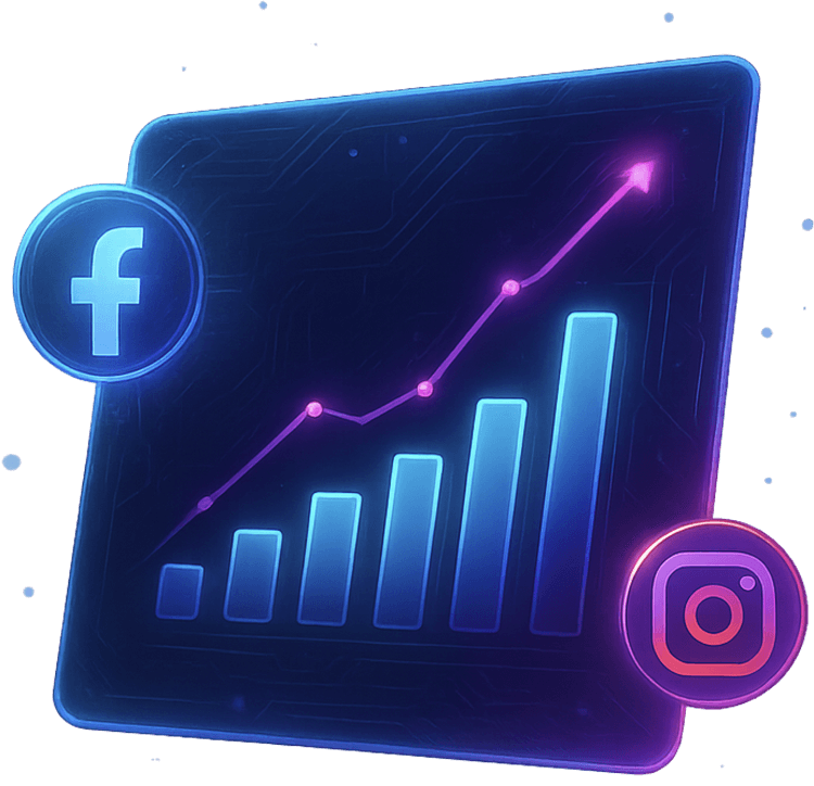 Meta advertising dashboard showing Facebook and Instagram campaign performance, audience insights, and creative analytics